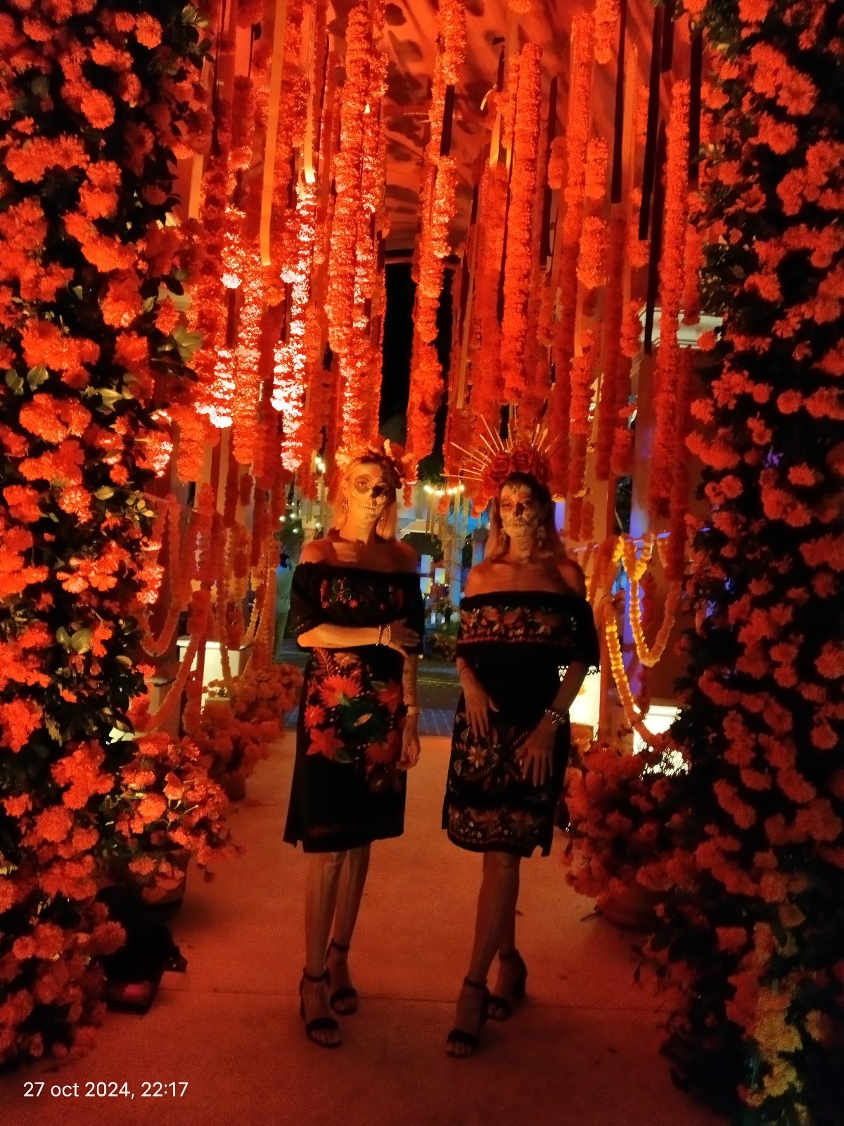 Day of the Dead marigold tunnel with catrinas