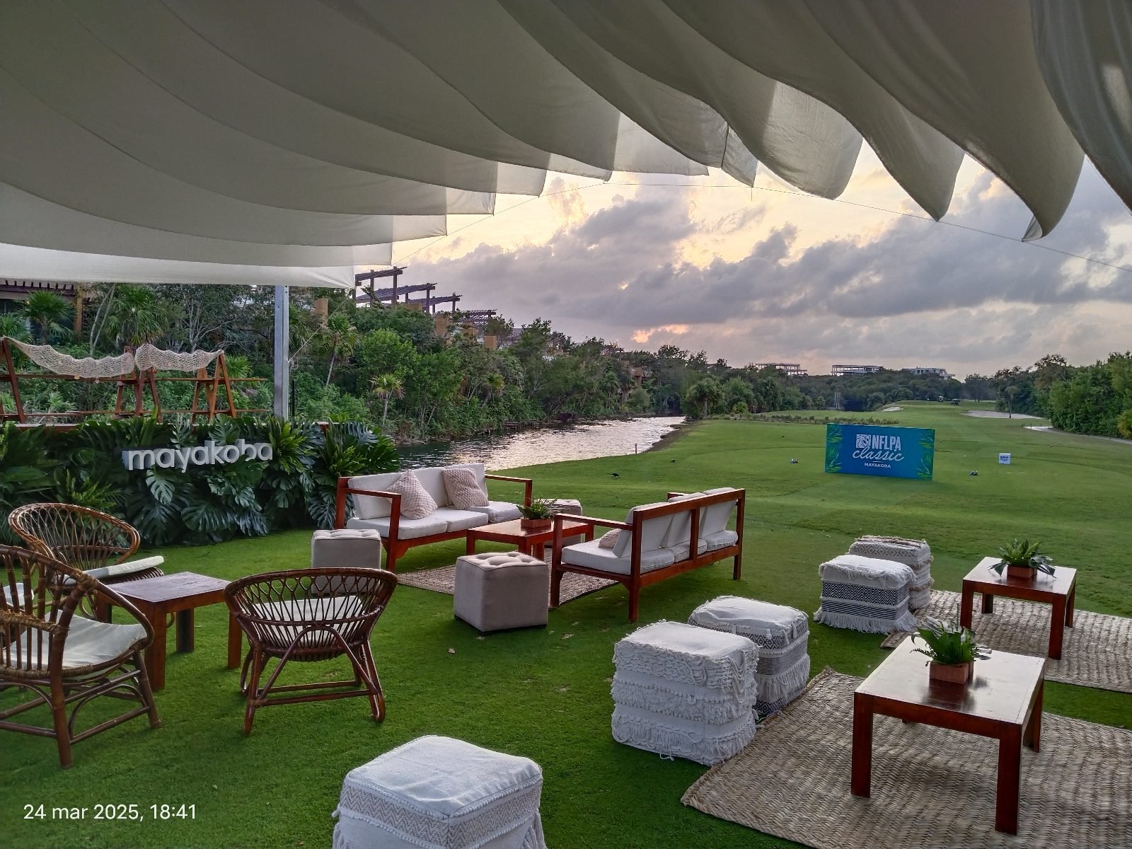 Corporate event lounge production at golden hour, Mayakoba